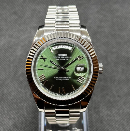 Day-Date Seiko Mod Olive Roman Dial by Waqtic