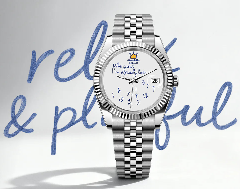 A silver-toned wristwatch with a checkered metal bracelet and a white dial, positioned against a light gray background with blue cursive text reading 'relax & pleasant'.