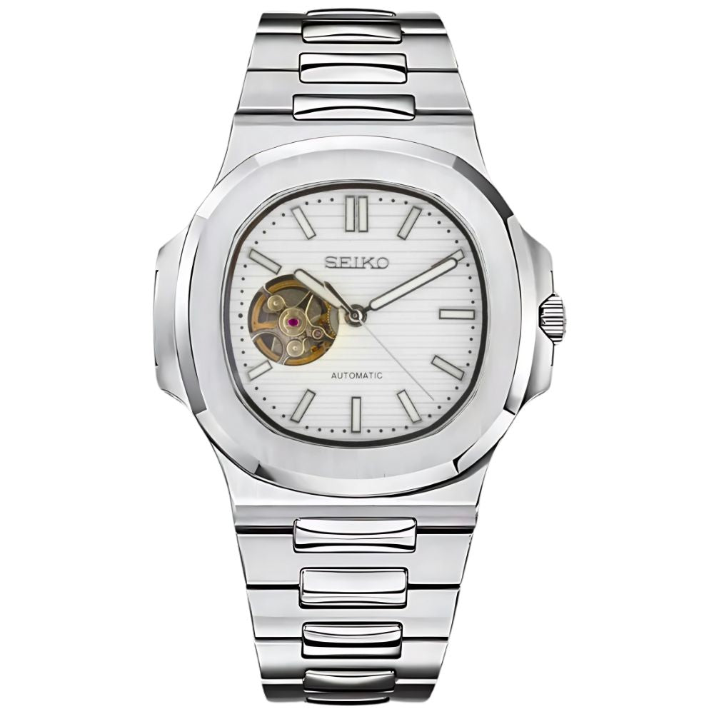 Nautilus Seiko Mod Snow White Open Heart Dial by Waqtic